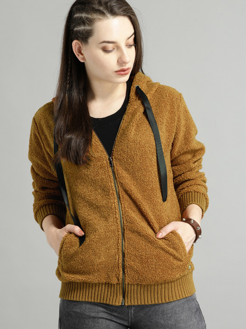 

Roadster Women Mustard Brown Solid Front-Open Sweater