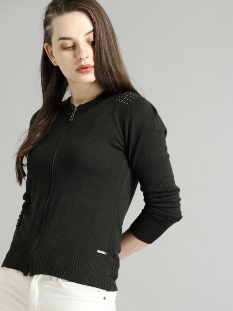 

Roadster Women Black Solid Front-Open Sweater