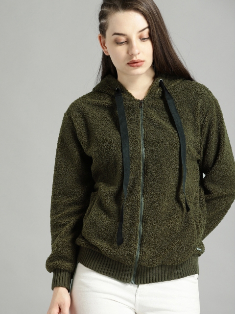 

Roadster Women Olive Green Solid Front-Open Sweater