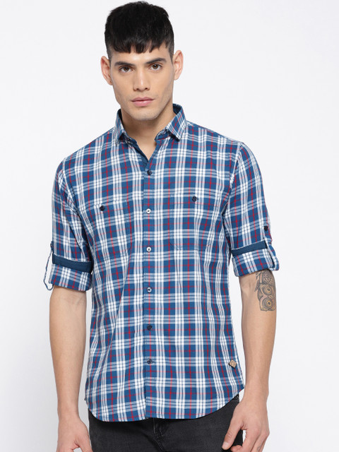 

DENNISON Men Blue & White Comfort Slim Fit Checked Casual Shirt