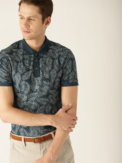 

United Colors of Benetton Men Teal Blue & Grey Printed Polo Collar T-shirt