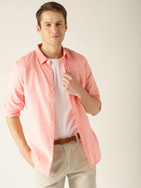 

United Colors of Benetton Men Peach-Coloured Slim Fit Self Design Casual Shirt