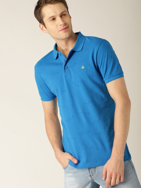 

United Colors of Benetton Men Blue Printed Polo Collar T-shirt