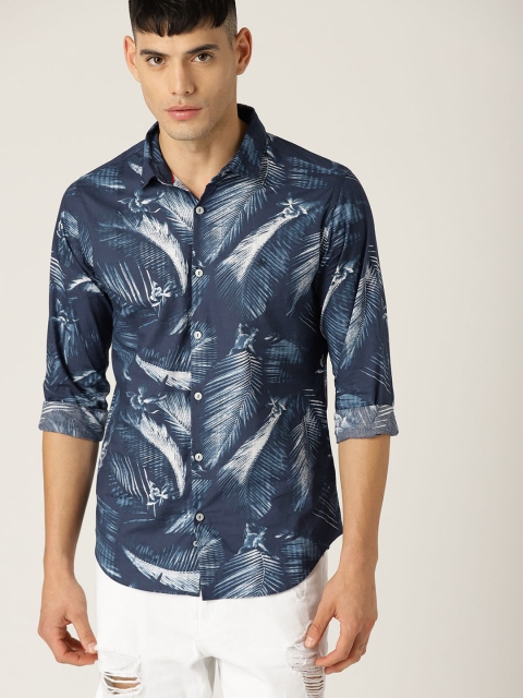 United Colors of Benetton Men Navy & White Slim Printed Casual Shirt, Navy blue