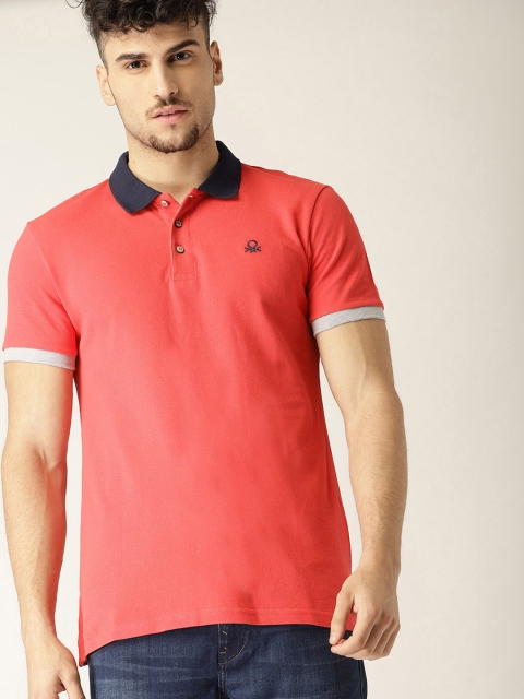 

United Colors of Benetton Men Coral Red Solid Polo Collar T-shirt