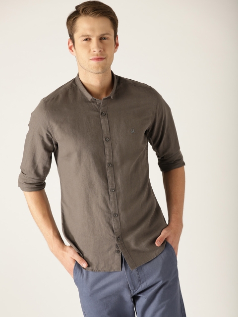 

United Colors of Benetton Men Olive Brown Slim Fit Solid Casual Shirt
