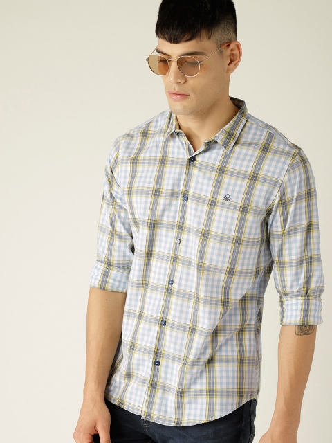 

United Colors of Benetton Men White & Blue Slim Fit Checked Casual Shirt