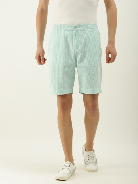 

United Colors of Benetton Men Sea Green & White Striped Regular Fit Regular Shorts
