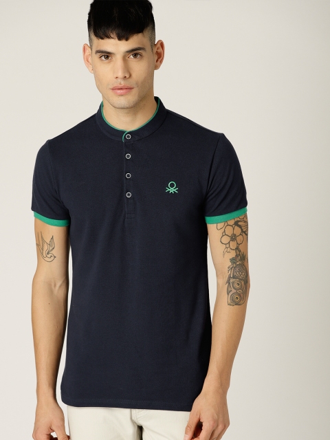 

United Colors of Benetton Men Navy Solid Mandarin Collar T-shirt, Navy blue