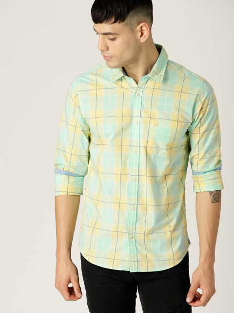 

United Colors of Benetton Men Sea Green & Yellow Slim Fit Checked Casual Shirt