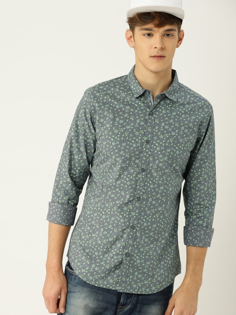 

United Colors of Benetton Men Grey & Green Slim Fit Printed Casual Shirt