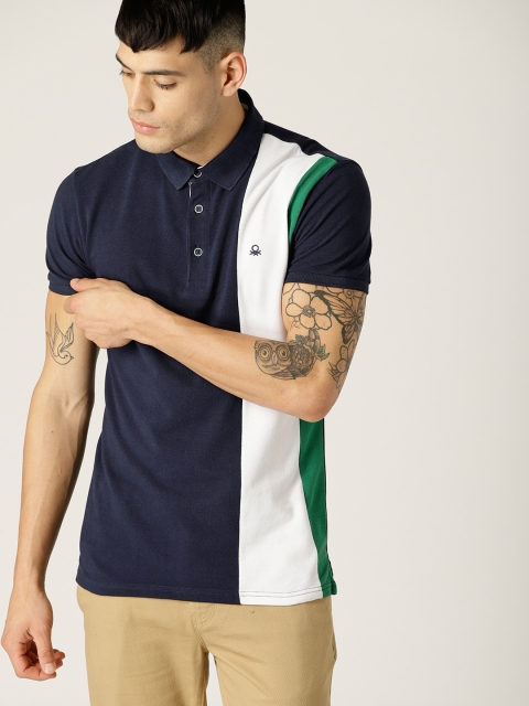 

United Colors of Benetton Men Navy Blue & White Colourblocked Polo Collar T-shirt