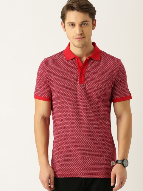 

United Colors of Benetton Men Red Self Design Polo Collar T-shirt