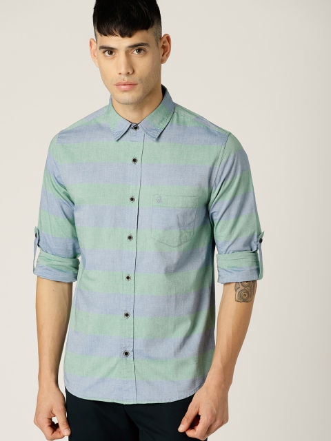 United Colors of Benetton Men Blue & Green Slim Fit Striped Casual Shirt