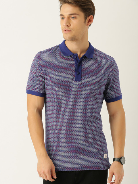 

United Colors of Benetton Men Navy Blue Self Design Polo Collar T-shirt