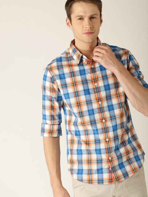 

United Colors of Benetton Men White & Orange Slim Fit Checked Casual Shirt