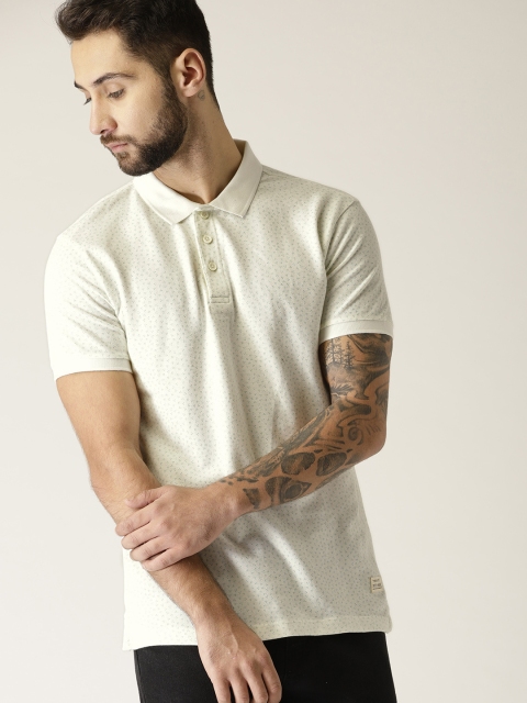 

United Colors of Benetton Men Off-White & Sea Green Printed Polo Collar T-shirt
