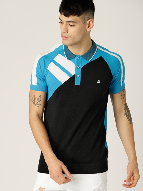 

United Colors of Benetton Men Black & Blue Colourblocked Polo Collar T-shirt