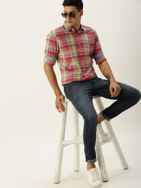 

United Colors of Benetton Men Pink & Green Slim Fit Checked Casual Shirt