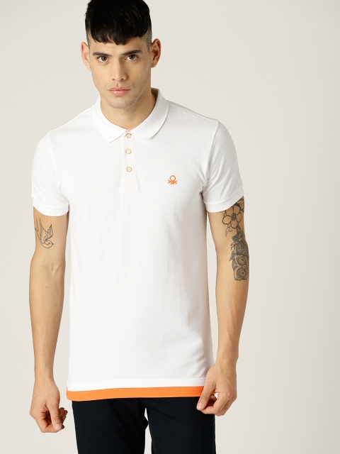 United Colors of Benetton Men White Solid Polo Collar T-shirt