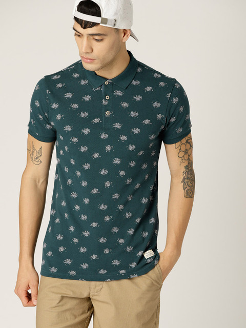 

United Colors of Benetton Men Teal Green Printed Polo Collar T-shirt