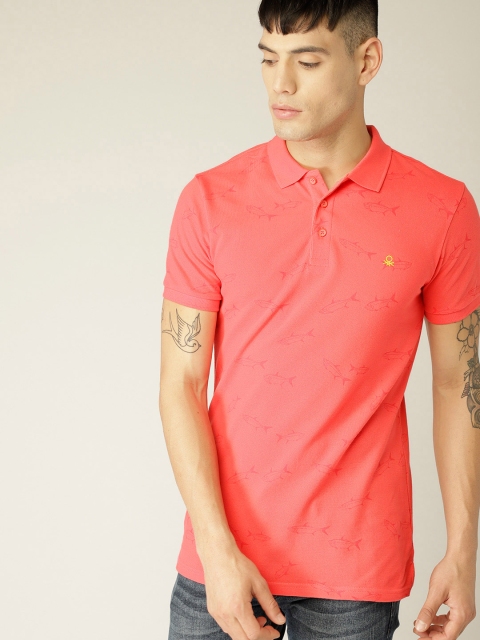 

United Colors of Benetton Men Coral Pink Printed Polo Collar T-shirt