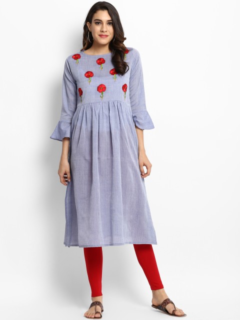 

Bhama Couture Women Blue & Red Floral Embroidered A-Line Kurta