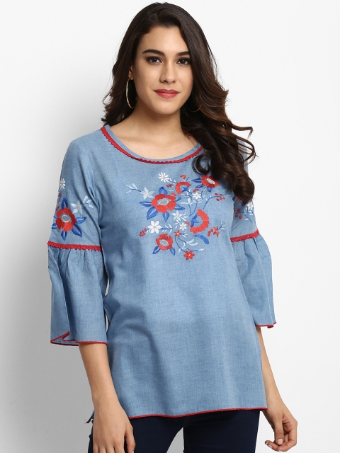 

Bhama Couture Women Blue A-Line Top with Embroidery