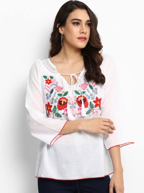 

Bhama Couture Women Off-White Embroidered A-Line Pure Cotton Top