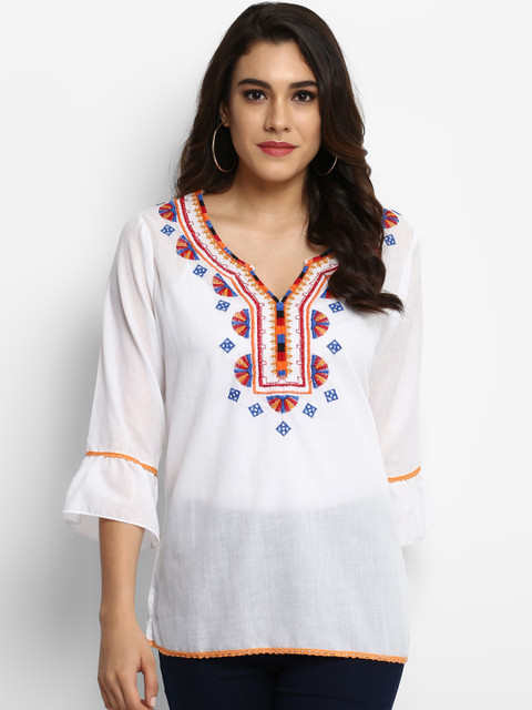 

Bhama Couture Women White Pure Cotton Top with Embroidery