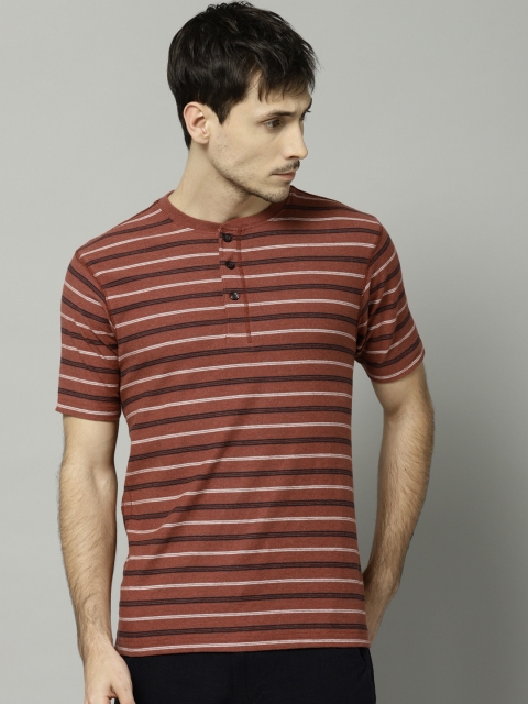 

Marks & Spencer Men Maroon & White Striped Henley Neck T-shirt