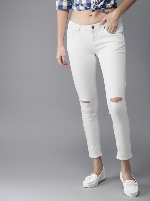 

HERE&NOW Women White Skinny Fit Mid-Rise Slash Knee Stretchable Cropped Jeans