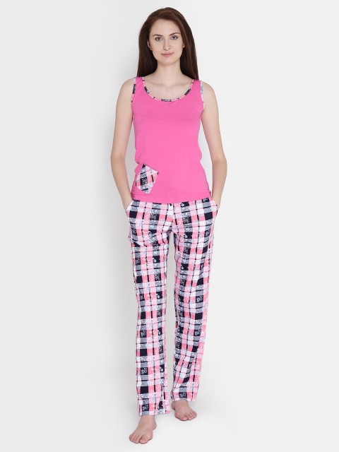 

Claura Women Pink & Navy Blue Printed Night suit