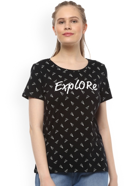 

People Women Black Printed Round Neck T-shirt