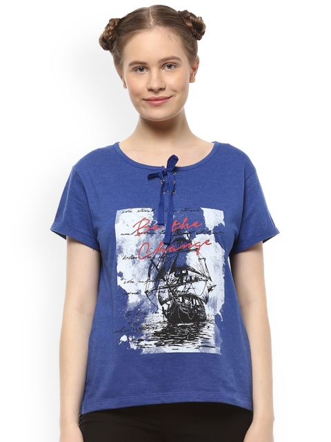 

People Women Blue Printed Round Neck T-shirt