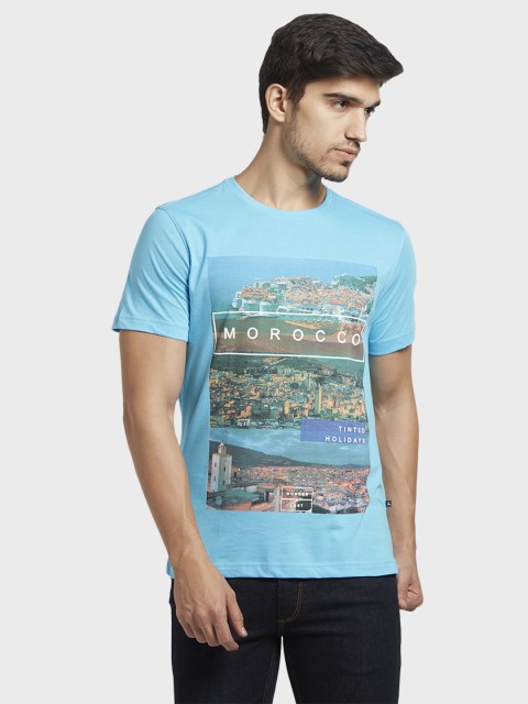 

Parx Men Blue Printed Round Neck T-shirt