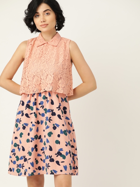 

Chemistry Peach-Coloured Floral Layered Lace A-Line Dress