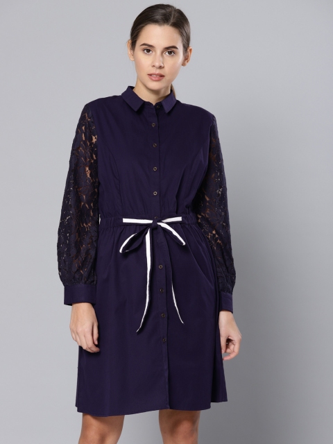 

Chemistry Women Navy Blue Solid Shirt Dress With Waist Tie-Ups