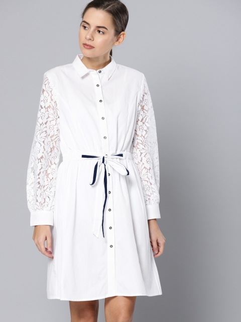 

Chemistry Women White Solid Shirt Dress With Waist Tie-Ups