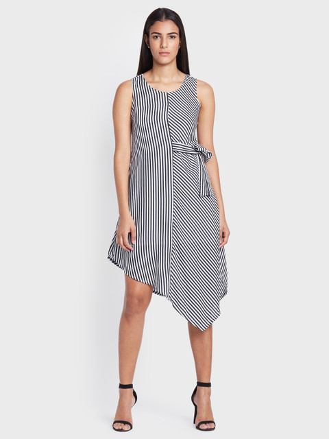 

AND Women White & Navy Striped A-Line Dress