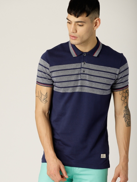 

United Colors of Benetton Men Navy Blue Striped Polo Collar T-shirt