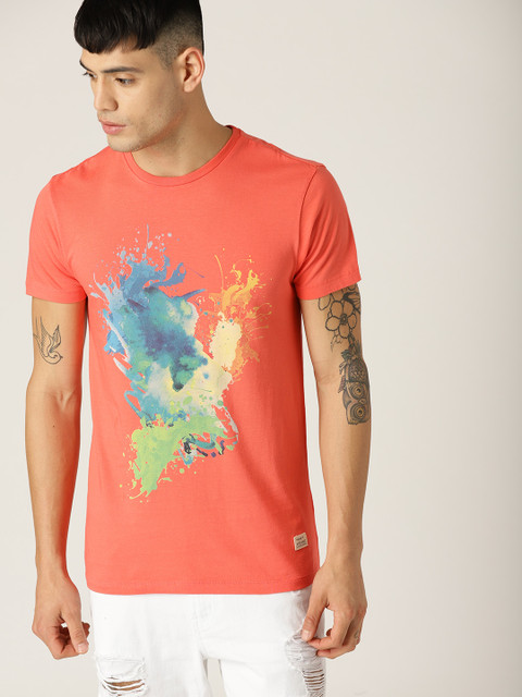 

United Colors of Benetton Men Coral Orange Printed Round Neck T-shirt