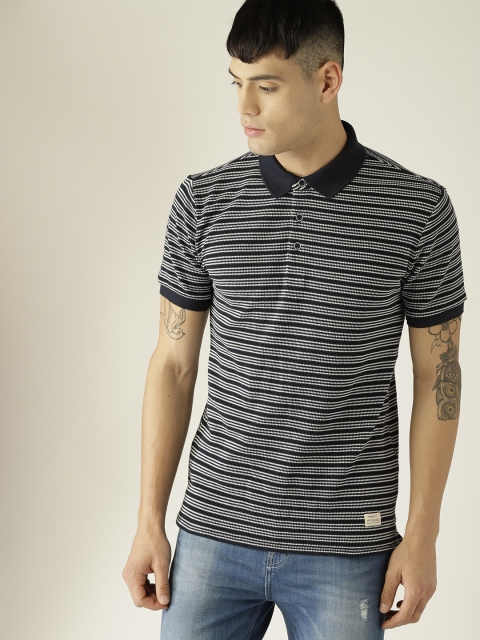 

United Colors of Benetton Men Navy Blue Striped Polo Collar T-shirt