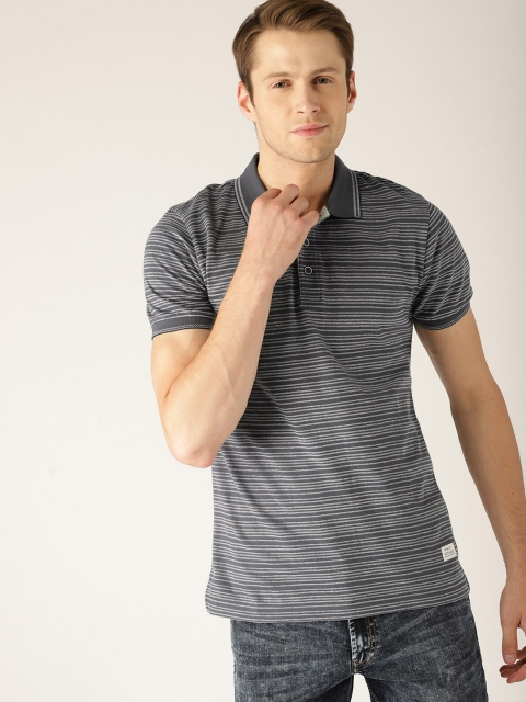 

United Colors of Benetton Men Grey Striped Polo Collar T-shirt