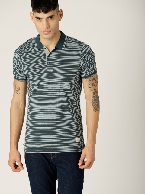 

United Colors of Benetton Men Teal Blue & Green Striped Polo Collar T-shirt