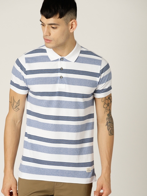 

United Colors of Benetton Men White & Blue Striped Polo Collar T-shirt