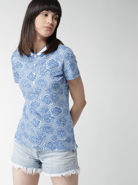 

Tommy Hilfiger Women Blue & White Printed Polo Collar T-shirt
