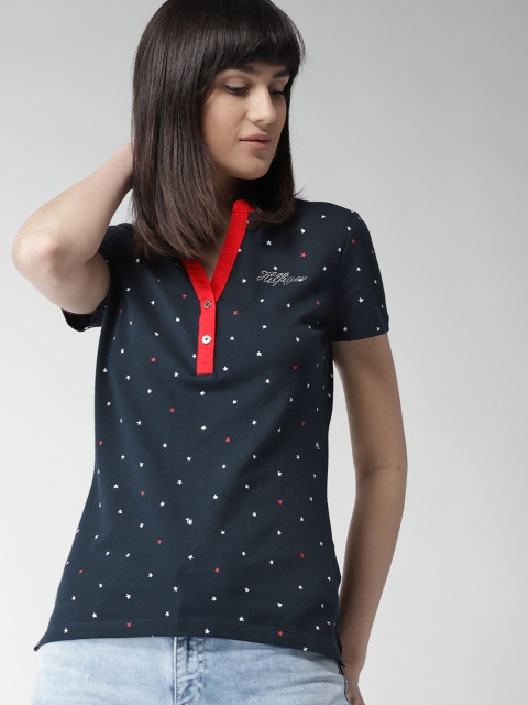 

Tommy Hilfiger Women Navy Blue Printed Mandarin Collar T-shirt