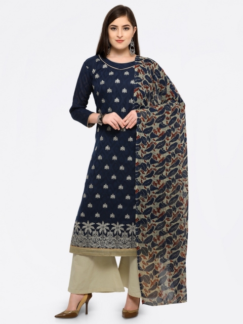 

Saree mall Navy Blue & Beige Cotton Blend Dress Material with Dupatta