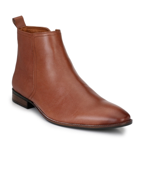 

SADDLE & BARNES Men Tan Solid Leather Mid-Top Flat Boots